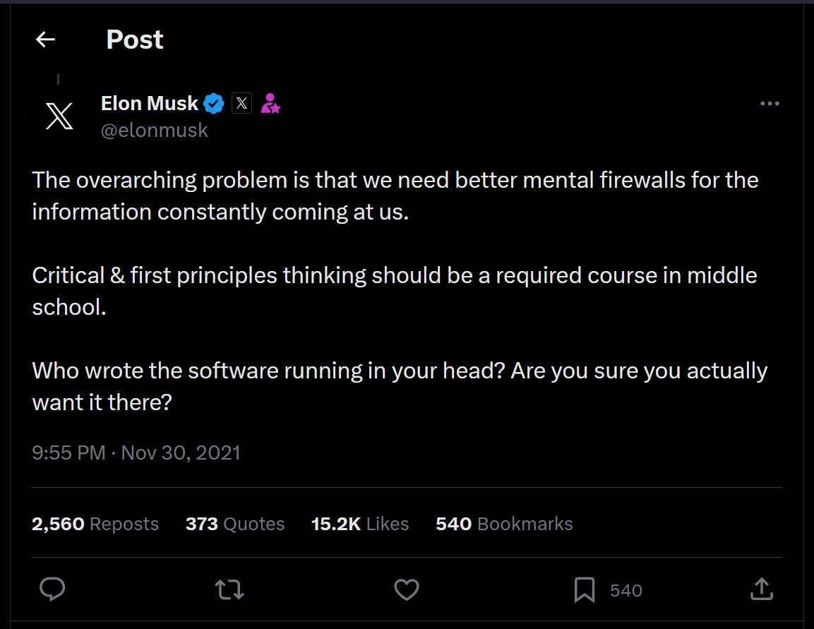 Elon Musk Tweet on Updating our Mind Software